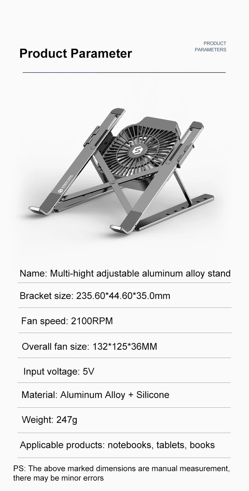 Portable Laptop Cooling Stand with Fan Foldable Aluminum Alloy Notebook Cooler Pad Holder Adjustable For 17inch Laptop Tablet
