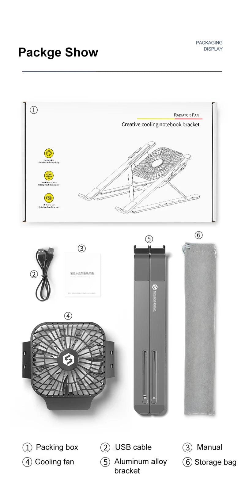 Portable Laptop Cooling Stand with Fan Foldable Aluminum Alloy Notebook Cooler Pad Holder Adjustable For 17inch Laptop Tablet