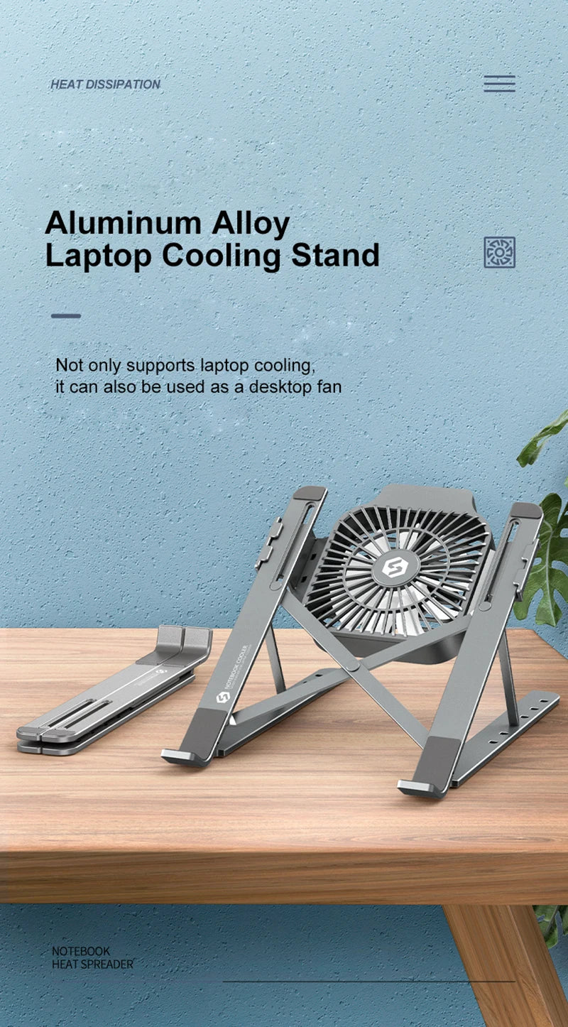 Portable Laptop Cooling Stand with Fan Foldable Aluminum Alloy Notebook Cooler Pad Holder Adjustable For 17inch Laptop Tablet